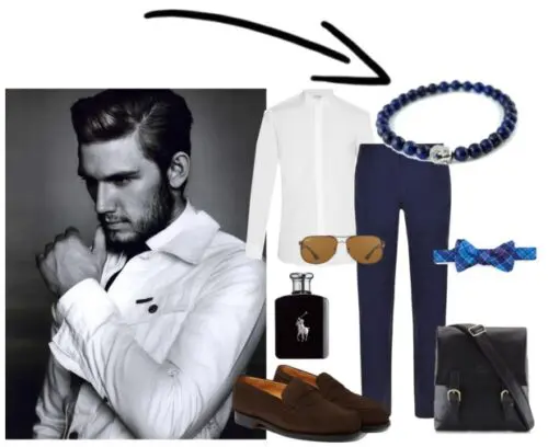 bransoletka: Venis, www.venis.pl; koszula: Saint Laurent; spodnie: www.vanmildert.com; torba: Wittchen, www.wittchen.com; buty: J.M. Weston; okulary: Ray Ban; muszka: Ted Baker; perfum: Ralph Lauren