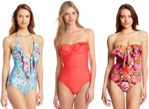 omen + top one piece swimsuit trends for 2014 + designer fashion one piece + ruffle top one piece swimsuits for women + flounce top one piece swimsuits