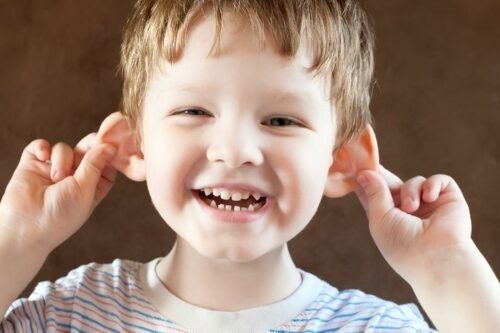Happy Little boy, pulling himself on the ears