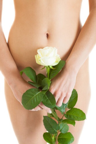 female body with white rose in her hands
