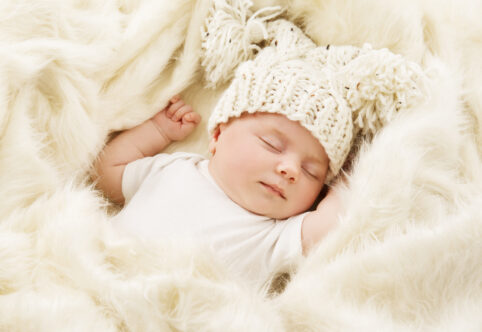 Baby Sleeping in Bed, Newborn Kid Sleep in Hat, New Born One Month Girl