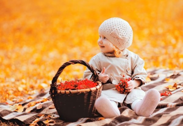 Cute smiling child sitting with basket rowan on the plaid in warm sunny autumn day